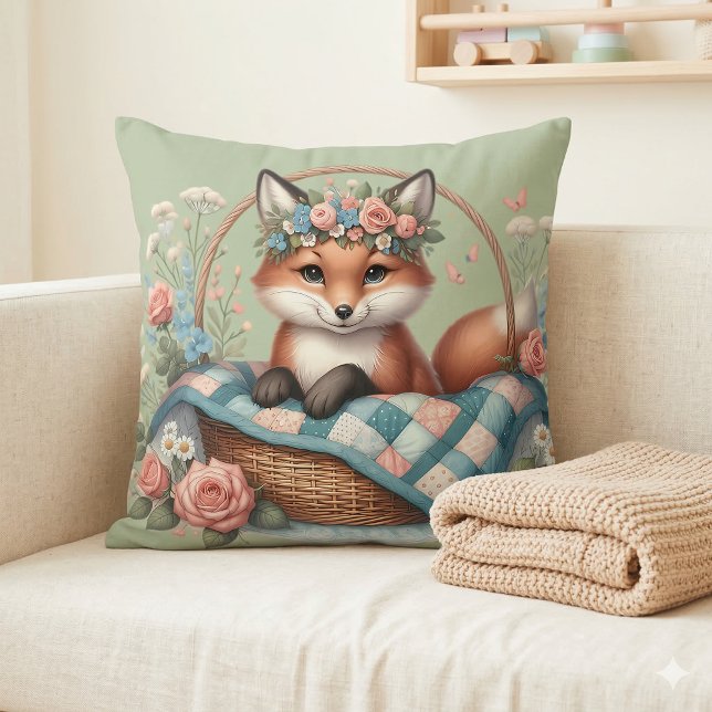 Almofada Raposa Floral em Cesta com Colcha e Flores (Floral Fox in Basket with Quilt & Flowers Throw Pillow Mockup A)