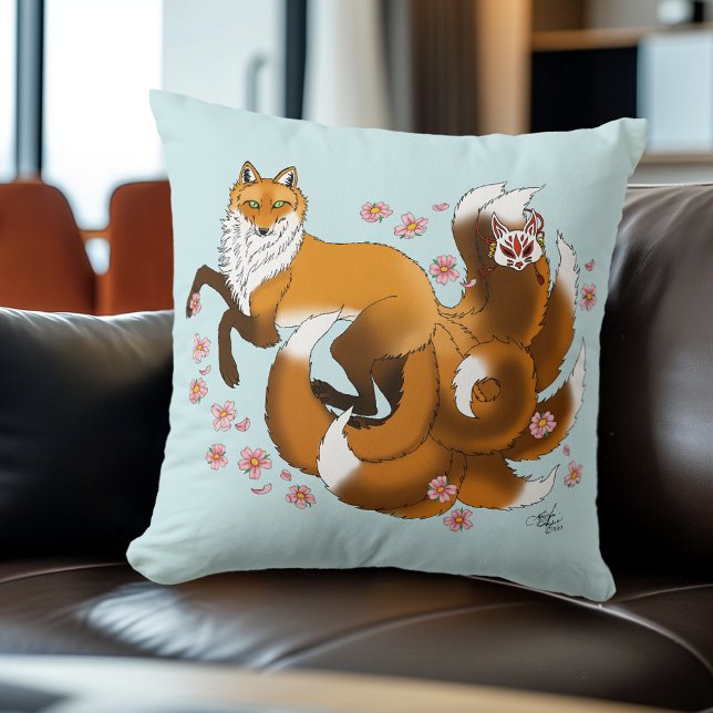 Almofada Raposa Kitsune Caprichosa Flores de Cerejeira Azui (Criador carregado)