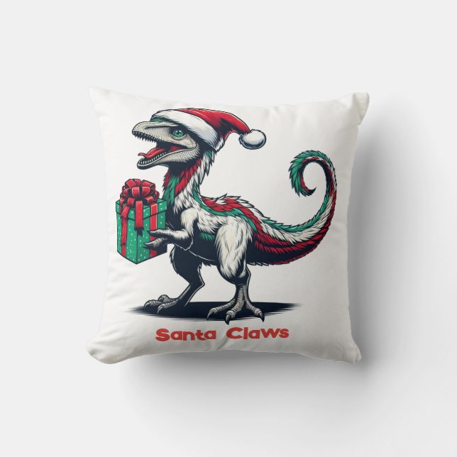 Almofada Raptor de chapéu de Natal (Frente)
