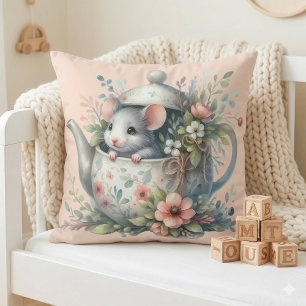Almofada Rato Fofo em Ilustração de Bule de Chá Floral