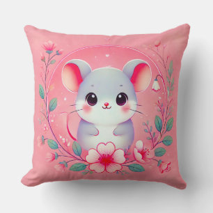 Almofada Rato Kawaii Fofo Rodeado por Ornamentos Florais