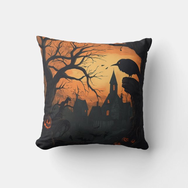 Almofada Raven Hauned Village Halloween Black Orange (Frente)