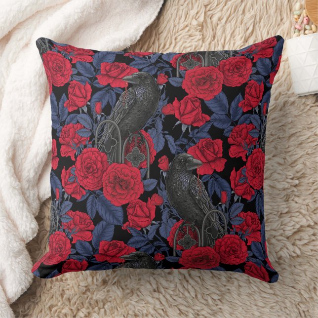 Almofada Ravens e rosas com folhas azuis escuras (Cobertor)