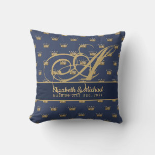 Almofada Recém-Casados Coroa Ouro Azul Marinho Monograma
