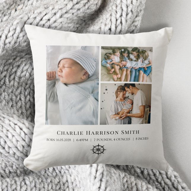 Almofada Recém-nascidos e foto (Newborn Baby Stats and Photo Collage Throw Pillow with nautical ship wheel graphic)