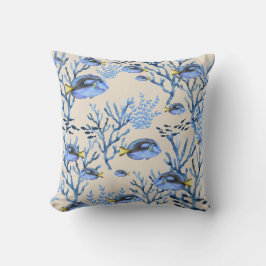 Almofada Recife de Coral Azul Bege Praia Vida Marinha Peixe