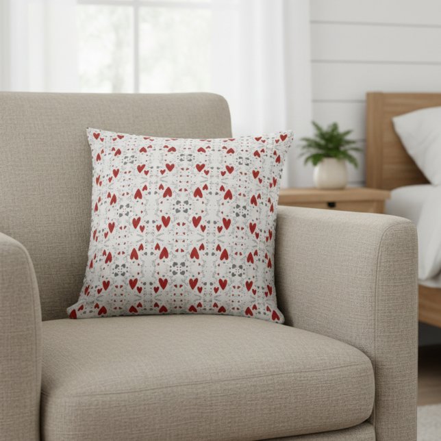 Almofada Red and Black Retro Hand Drawn Hearts Love  (cute red and black hearts hand drawn doodles accent pillow for her valentines theme bedroom decor)