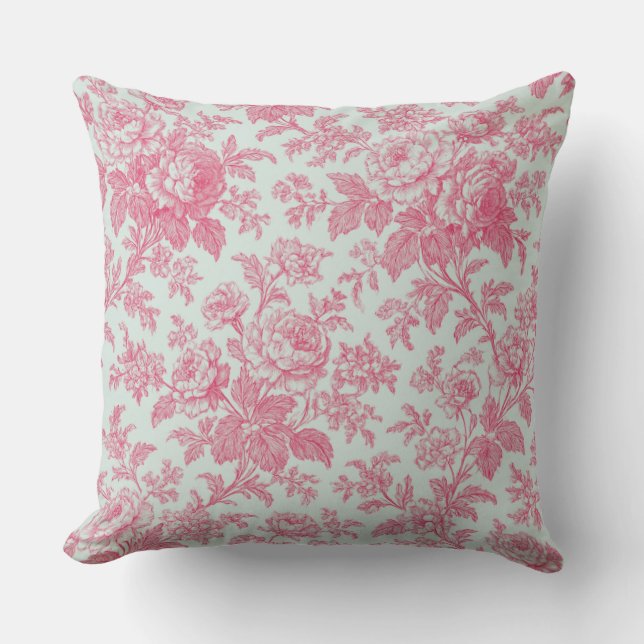 Almofada Red and Mint Green Floral Toile de Jouy (Frente)