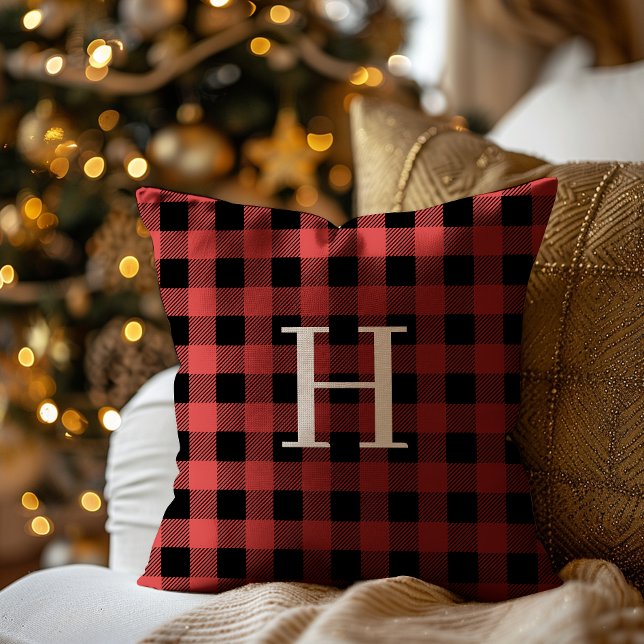 Almofada Red Black Buffalo Plaid Monogram Holiday (Criador carregado)