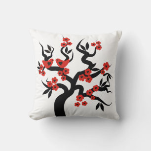 Almofada Red Black Love bird sakura cherry tree e blossomes