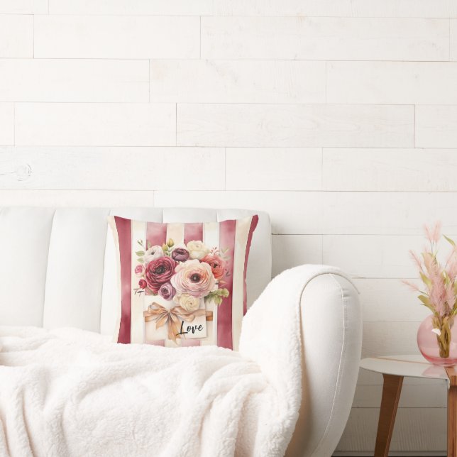 Almofada Red Burgundy Cream Stripes Floral Love (Sofá)