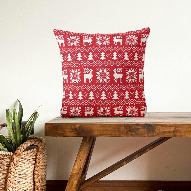Almofada Red Christmas Sweater Reindeer Poinsettias Pattern (Criador carregado)