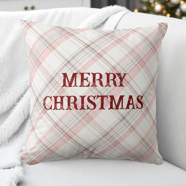 Almofada Red Felry Natal Pink Padrão de Xadrez Moderno (Red Merry Christmas Pink Plaid Pattern Modern Throw Pillow)