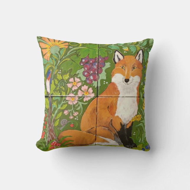 Almofada Red Fox Green Woodland Azulejo Colorful FolArt (Frente)