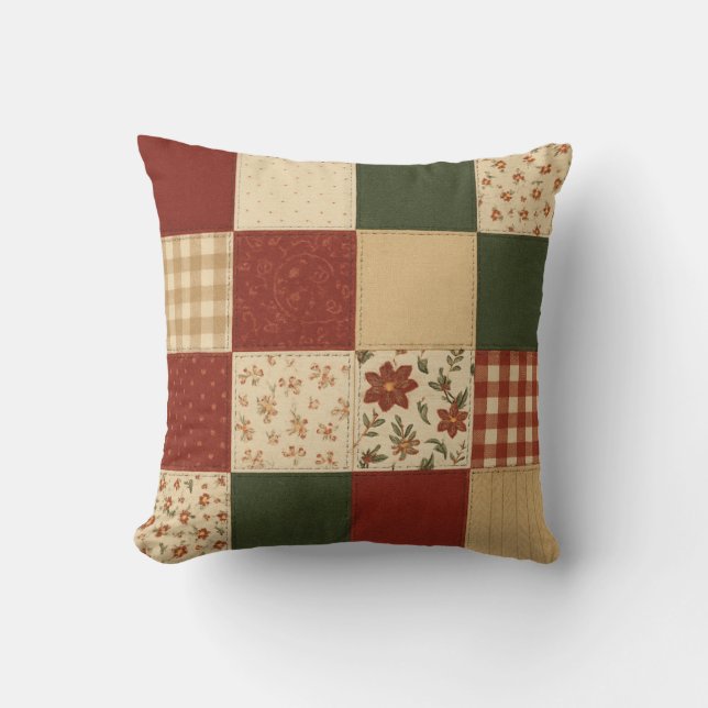 Almofada Red Green Patchwork Quilt Rustic Farmhouse (Frente)