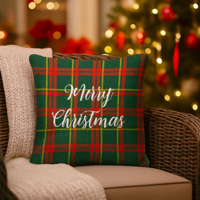 Almofada Red Green Tartan Natal (Red and green tartan porch or patio pillow with Merry Christmas  slogan. )
