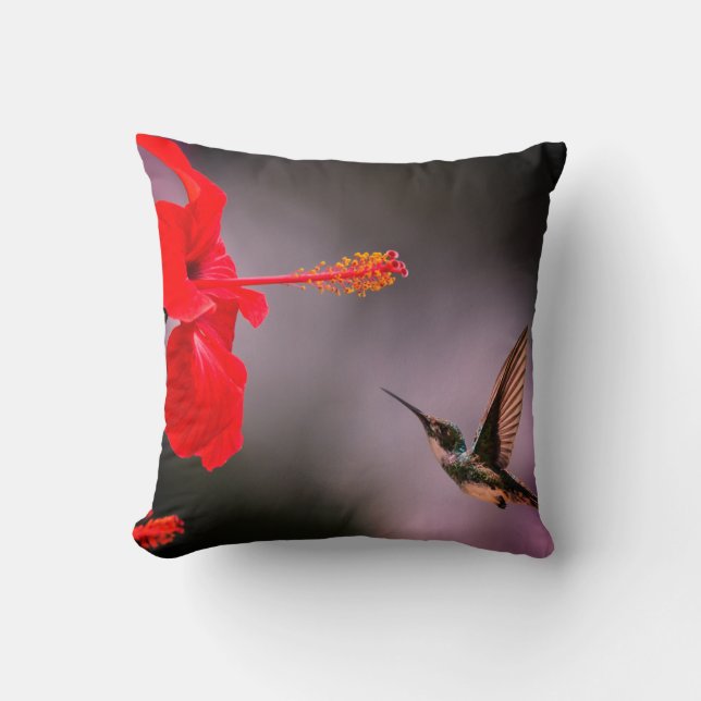 Almofada Red Hibiscus Hummingbird Fundo Escuro (Frente)