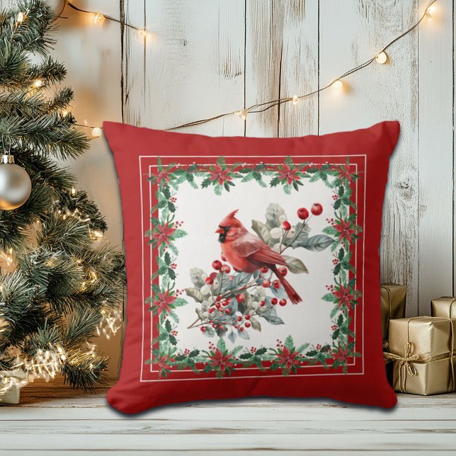 Almofada Red Mockingbird Poinsettia Borders Elegante (Criador carregado)