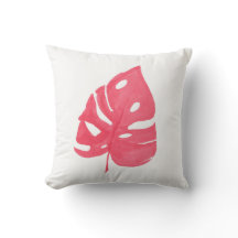 Red Monstera leaf printed throw pillow