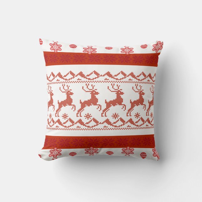 Almofada Red Nordic Reindeer Knit Pattern Christmas Pillow (Frente)