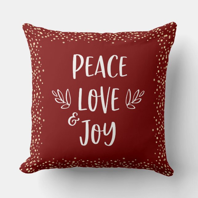 Almofada Red Peace Love Joy Script Gold Foil Dots Modern (Frente)