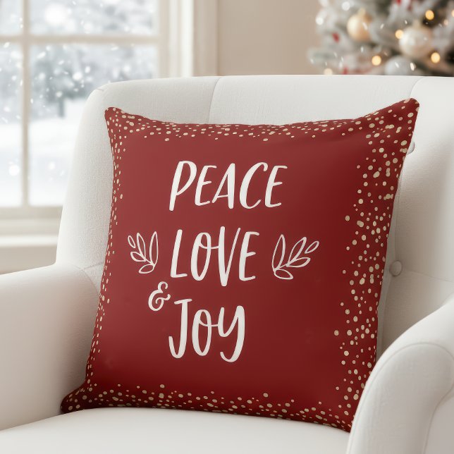 Almofada Red Peace Love Joy Script Gold Foil Dots Modern (Criador carregado)