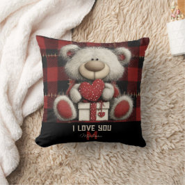 Almofada Red Plaid Bear I Love You Custom Name Monogram