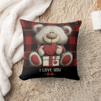 Almofada Red Plaid Bear I Love You Custom Name Monogram