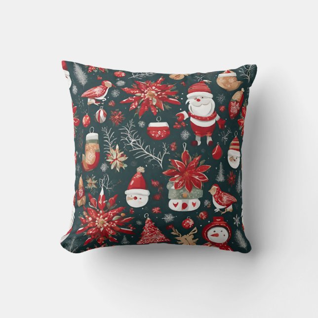 Almofada Red Poinsettia, Papai Noel, Pássaro, Bauble, Neve (Frente)