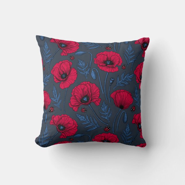 Almofada Red poppies and ladybugs on dark blue (Frente)