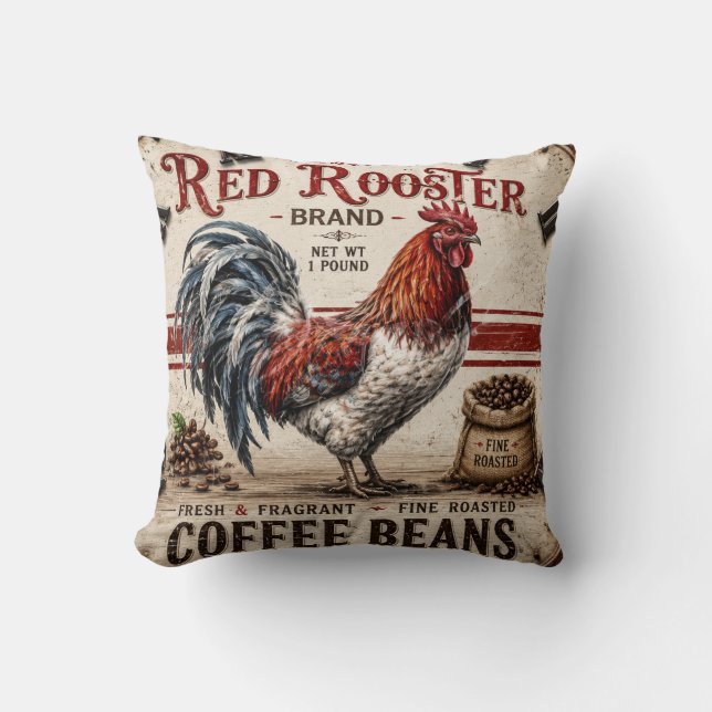 Almofada Red Rooster Coffee Beans Rustic Farmhouse (Frente)