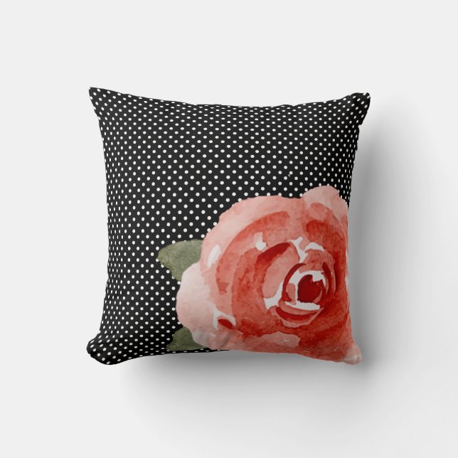 Almofada Red Rose on Black White Polka Dots (Frente)
