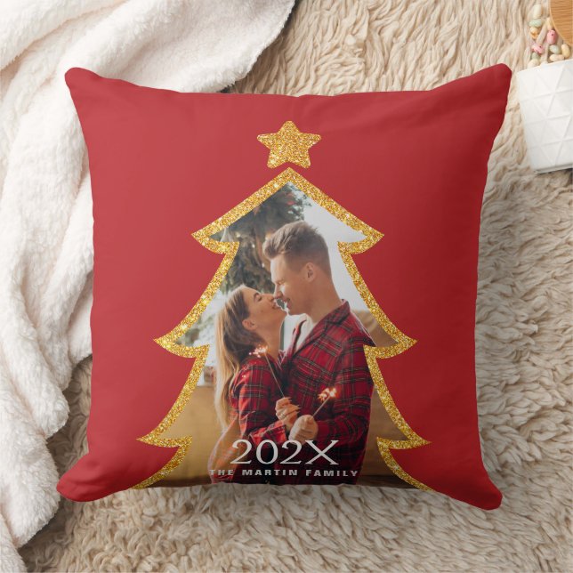 Almofada Red Shiny Christmas Tree Personalized Photo (Cobertor)