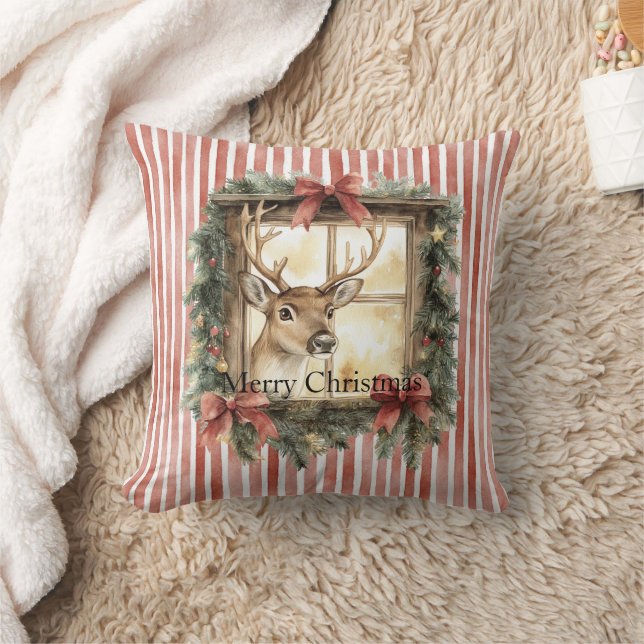 Almofada Red Stripes Bows Christmas Deer in Window (Cobertor)