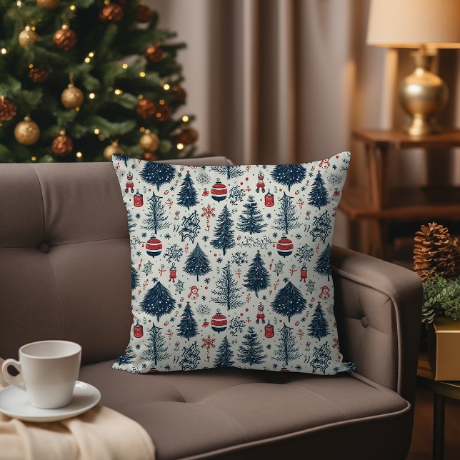 Almofada Red White e Blue Natal Holiday Hygge (Scandinavian Nordic Christmas Woodland Pattern Throw Pillow – Red, White, and Blue Pattern)