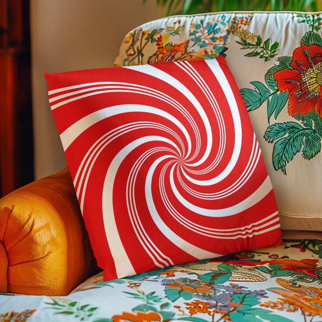Almofada Redemoinho de Cana de Açúcar Vermelha (Red Candy Cane Twirl Throw Pillow)