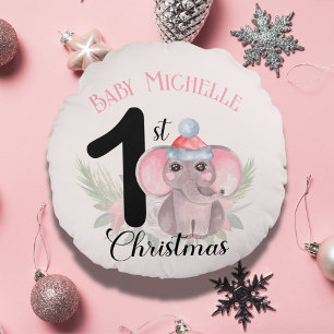 Almofada Redonda 1º Natal da Menina, Nome de Elefante Rosa Fofo