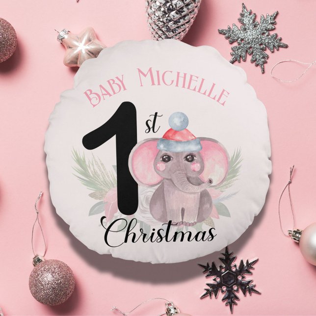Almofada Redonda 1º Natal da Menina, Nome de Elefante Rosa Fofo (Criador carregado)