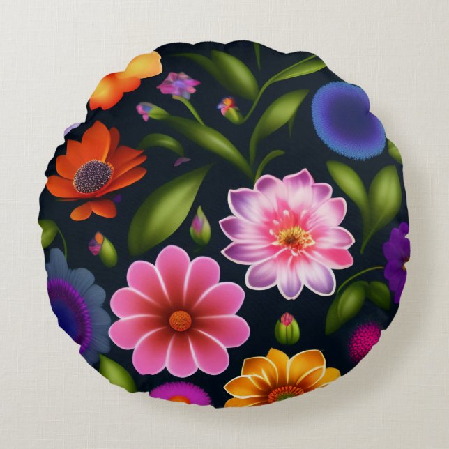 Almofada Redonda 100 mini flores exóticas em floração de cheio em t (Frente)