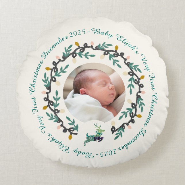 Almofada Redonda 1st Christmas Deer with Wreath Teal Cream (Frente)