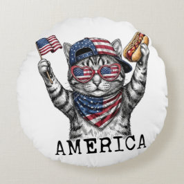 Almofada Redonda 250º Gato Listras Patrióticas da Liberdade da Amér