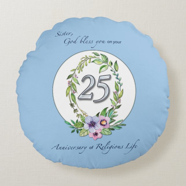 Almofada Redonda 25 aniversário da Católica Nun Wreath e Silver (Frente)