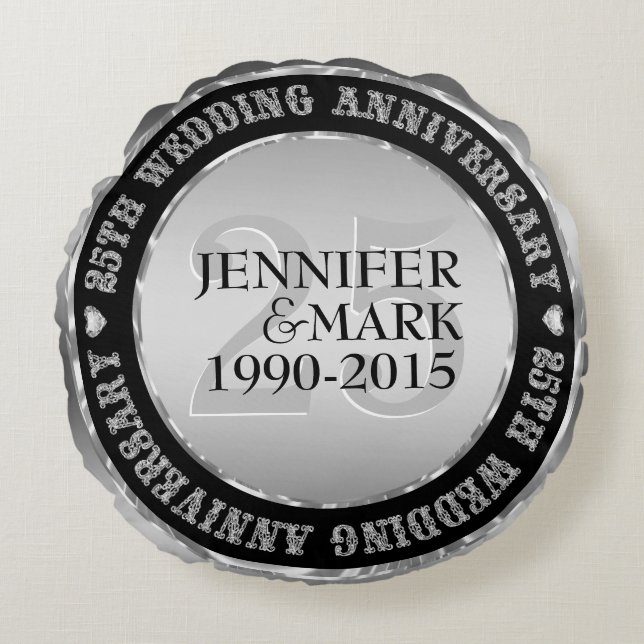 Almofada Redonda 25 Casamento Aniversário Silver Metálico e Preto 2 (Frente)