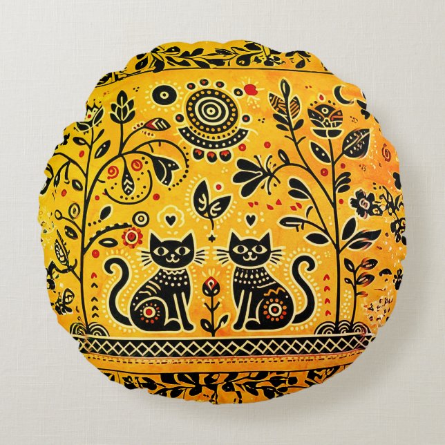 Almofada Redonda 2 gatos egípidos com piramidas (Frente)