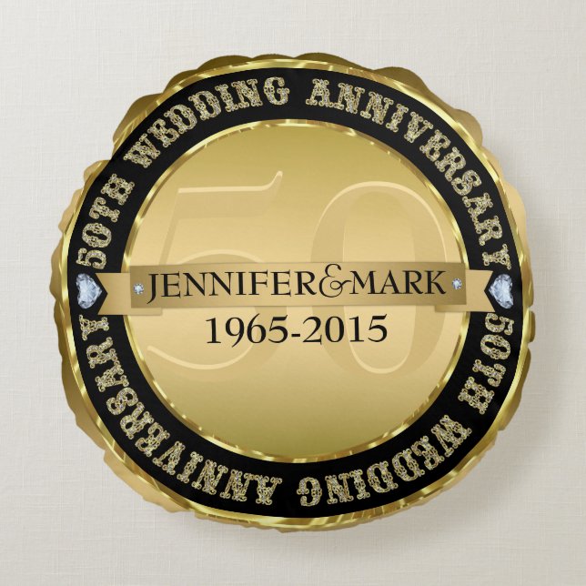 Almofada Redonda 50º Aniversário Metálico Dourado e Preto (Frente)