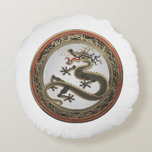 Almofada Redonda [600] Dragão Oriental Dourado e negro