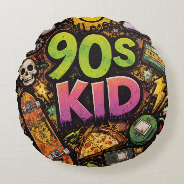 Almofada Redonda 90s Kids Retro Pizza Fun Pattern (Frente)