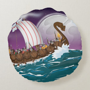 Almofada Redonda A Cartoon de Navio Viking