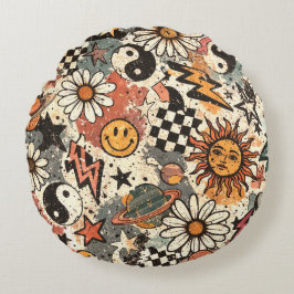 Almofada Redonda A fun retro 90s pattern featuring cheerful happy f