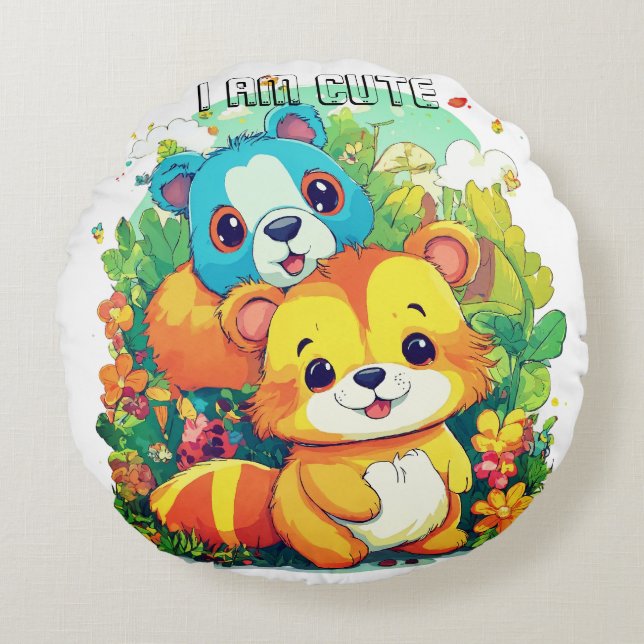 Almofada Redonda A ilustração de desenho animado de animais bonitos (Frente)